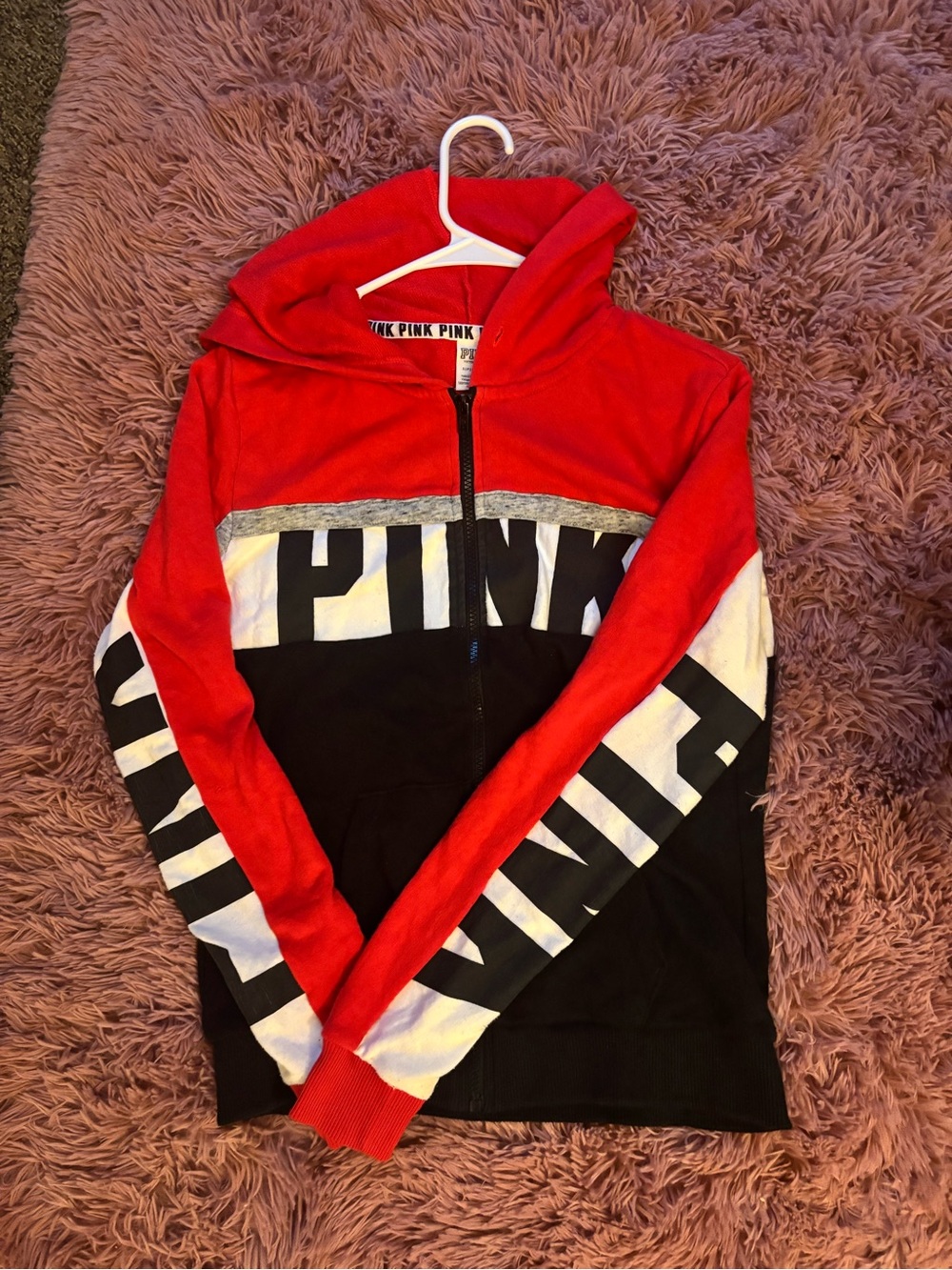 PINK Victoria's Secret Red, Black & White Colorblock Zip-Up Hoodie